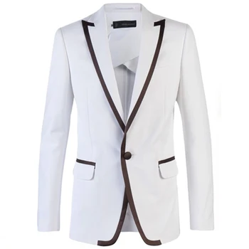 Ismarlama erkek takım elbise,Beyaz ve kahverengi süslemeli klasik smokin blazer ve beyaz pantolon, Kişiye özel smokin Ölçmek için özel olarak üretilmiştir