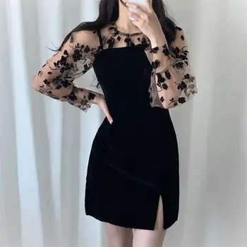 İlkbahar ve Sonbahar kadın Kore Versiyonu Retro Moda Siyah İnce Seksi Örgü Bel Yarık Mini Elbise kadın parti giysileri