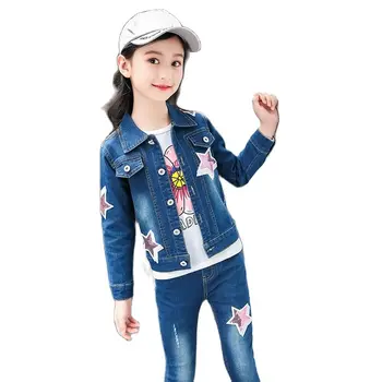 İlkbahar ve Sonbahar Kovboy Kız Setleri Yeni 2022 Kore Versiyonu Moda 5 Köşeli Yıldız Baskı 2 Parça Denim Rahat çocuk Giyim