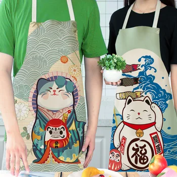 Japon Sevimli Şanslı Kedi Mutfak Pişirme Önlükleri Kadın Pişirme çocuk Çocuk Keten Önlük Pişirme Kahve Dükkanı Aksesuarları