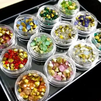Japon tırnak sanat moda rastgele 12 renk karışımı sivri geri tırnak sanat cam taklidi glitter tırnak sanat kristal elmas seti