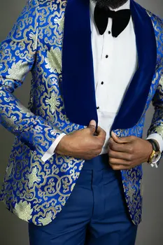 JELTONEWİN Son Pantolon Ceket Tasarımları Kraliyet Mavi Çiçek Erkek Takım Elbise Slim Fit 2 Parça Set Smokin Damat Düğün Takımları Balo Blazer