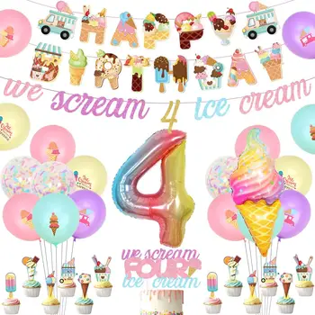 JOYMEMO Dondurma 4th Doğum Günü Partisi Süslemeleri Kızlar için Biz Çığlık 4 Dondurma Afiş Kek Topper Dondurma Baskı Balonlar Seti
