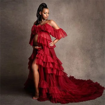 Kabarık Ruffles hamile elbisesi Photoshoot için Şeffaf Tül hamile elbisesi Bebek Duş için Sabahlık