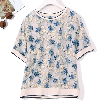 Kadın %100 % Dut İpek Krep İpek Ekip Boyun kısa kollu Beyaz Çiçek baskılı tişört Tee Üst Bluz L XL XXL 8135