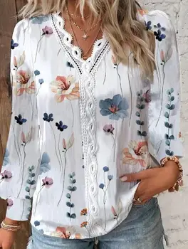 Kadın Bluz Sonbahar Yeni Moda Uzun Kollu V Yaka Dantel Dikiş Gömlek Kadınlar için Günlük Banliyö Casual Tops