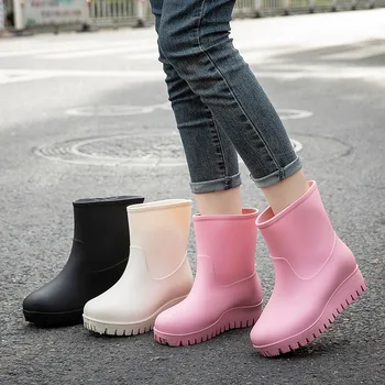 Kadın Düz Renk Ayak Bileği yağmur çizmeleri Sonbahar Kış Rahat Kaymaz İş su ayakkabısı Su Geçirmez Sıcak yağmur ayakkabıları