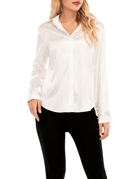 Kadın Düğme Aşağı Saten Gömlek Uzun Kollu V Boyun Düz Renk Klasik Fit İş Gömlek Ofis Bluzlar