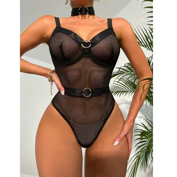 Kadın Erotik İç Çamaşırı Şeffaf Backless Siyah Tulum Porno Bodysuit Örgü Crotchless Mikro Bikini Lateks 18 + Egzotik Giyim