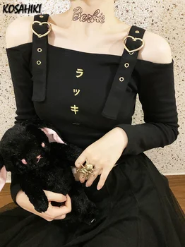 Kadın Japon Harajuku Gotik T-Shirt Kız Mektup İşlemeli Uzun Kollu Kapalı Omuz Tshirt Kırpma Üst Y2k Streetwear