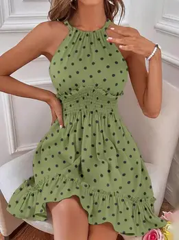 Kadın Moda Ve Seksi Askı Polka Dot Elbise Büzgülü Ruffles Halter Casual Mini Retro Sıkı Görünür İnce Elbise