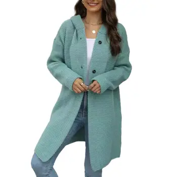 Kadın Sonbahar Kapşonlu Uzun Kollu Hırka Gevşek Düz Renk Tek Göğüslü Orta uzunlukta Kazak Ceketler chaquetas para mujeres
