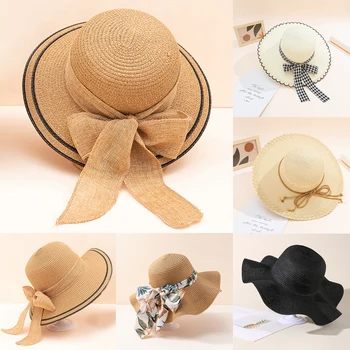 Kadınlar Sevimli İlmek Hasır Şapkalar Yaz Nefes Geniş Ağız Güneş Koruma Plaj Kap Sahil Tatil Seyahat Kova Şapka