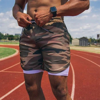 Kamuflaj 2 in 1 fitness şortu Erkekler Çift Katmanlı Bermuda Yaz erkek spor atleti Spor Eşofman Erkek Koşu Eğitim Dipleri