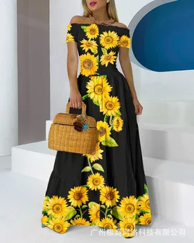 Kapalı Omuz Fener Kollu Büzgülü Çiçek Baskı Elbise Kadınlar Uzun Bahar Yaz Gevşek Elbise Yüksek Bel Slash Boyun Çiçek