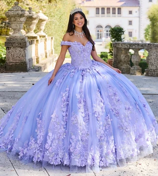 Kapalı Omuz Leylak Quinceanera elbise Balo Parlak Aplike Kristaller balo kıyafetleri Sweep Tren Vestidos De 15 Anos Tatlı 16