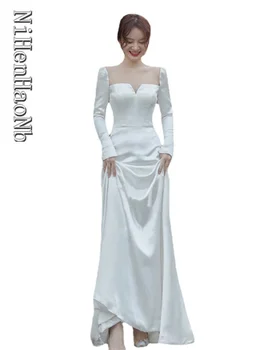 Kare Yaka Saten A-line Backless 2023 Düğme düğün elbisesi gelin kıyafeti Vestidos De Novia