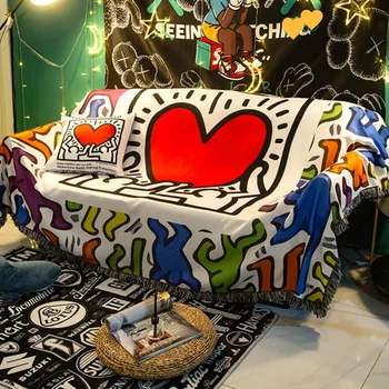 Karikatür Aşk kanepe kılıfı Keiths Harings Battaniye Leke Dayanıklı Piknik Örtüsü Yastık Halı Ev Dekorasyon Oturma Odası 3 2 1 Kişilik