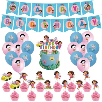 Karikatür Doraa Çocuk Kız Doğum Günü Partisi Dekorasyon Maymun Balon Malzemeleri Kek Topper Afiş Odası Süsleme Hediye Bebek Duş