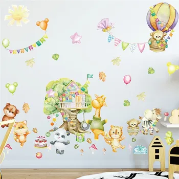 Karikatür Hayvanlar Parti Balonlar duvar çıkartmaları Çocuk Odası İçin Ev Dekorasyon Kaplan Zebra Ayı Çıkartması Safari Duvar Sanatı Pvc Poster