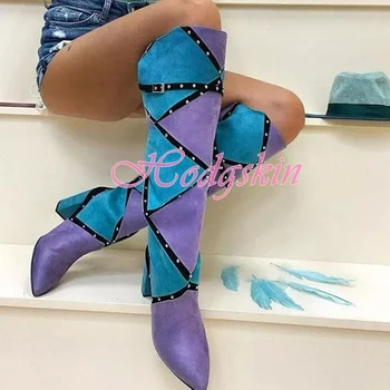 Karışık Renkler Süet Çizmeler Sivri Burun Tıknaz Yüksek Topuklu Perçin Kadın Ayakkabı Fermuar Diz Yüksek Çizmeler Sonbahar Parti Pist moda ayakkabılar