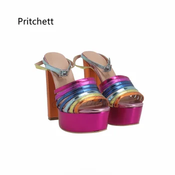 Karışık Renkler Tıknaz topuklu sandalet Kadın Platformu suni elmas toka Burnu açık Deri Sandalet Kadın Tatlı Parti Yaz Ayakkabı