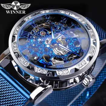 Kazanan Moda Elmas Ekran erkek İş Saati Mavi Çelik Mekanik Klasik Kraliyet Dişli Hareketi Mekanik iskelet saat