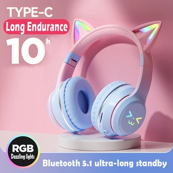 Kedi Kulaklar Kulaklık RGB ışık gülümseme yüz TWS Kulaklık Degrade Yeni Kulaklık Pembe Küçük Kız Kulaklık Hediye Herhangi Bir Telefon için Uygun