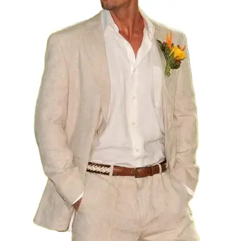 Keten Erkek Takım Elbise Düzenli Fit 2 Adet Düğün Damat Smokin Rahat Erkek Giyim Yaz Plaj Günlük Giyim Blazer Seti Ceket + Pantolon