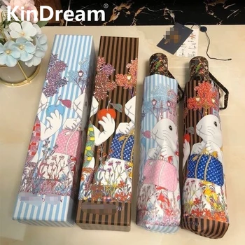 Kindream Yeni Sevimli tavşan şemsiye tam otomatik üç kat katlanır şemsiye doğum günü hediyesi kutusu erkekler kadınlar için genel şemsiye