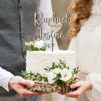 Kişiselleştirilmiş Çift İsimleri Düğün Pastası Topper Nişanlı Gelin Duş Yıldönümü Partisi Özel Ahşap Veya Akrilik Modern Rusitik Kek