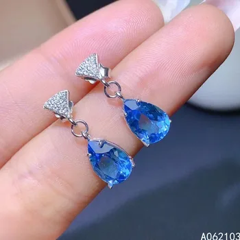 KJJEAXCMY 925 ayar gümüş kakma doğal Mavi Topaz kadın Retro lüks su damlası mücevher earnails küpe destek testi