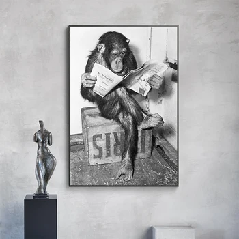 Komik Maymun Okuma Gazete Posteri ve Baskı Tuval Boyama İş Siyah Beyaz Duvar Sanatı Oturma Odası Ev Dekorasyon İçin