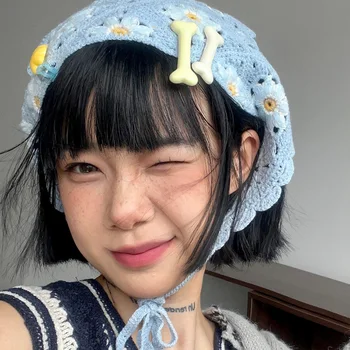 Kore Küçük Mantar Çilek El Yapımı Tığ İçi Boş Üçgen Kafa Bandı Havlu Tatlı Sevimli Kayış Saç Çantası Başörtüsü Şapka