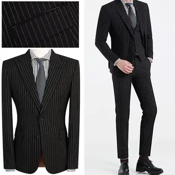 Kostüm Yapımı Moda Siyah Erkek Çizgili Takım Elbise Smokin Ropa Resmi Hombres Son Pantolon Ceket Tasarımları Blazer (Ceket + Pantolon + Kravat + Yelek)