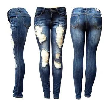 Kot Kadın Yüksek Belli Düz Sıska Sıkı Pantolon Streetwear Kadın Düz Renk Delik Yıkanmış Denim kalem pantolon Pantolon