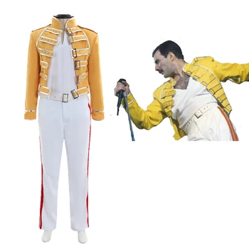 Kraliçe Kurşun Vokal Freddie Cosplay Mercury Kostüm Sarı Sahne Takım Elbise Yetişkin Erkekler Freddie Sahne Performansı Üniforma Kostümleri