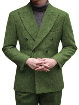 Kruvaze Klasik Beyefendi Erkek takım elbise 2 Parça Slim Fit Damat Tüvit Yün Yeşil Smokin Düğün Groomsen
