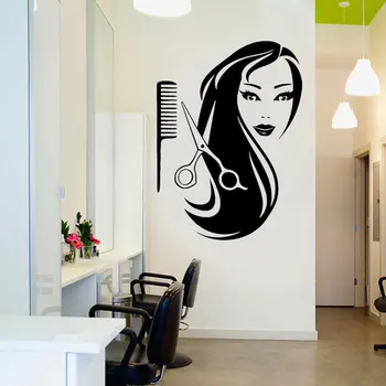 Kuaför Dükkanı duvar çıkartmaları Dekorasyon Güzellik Kız Uzun Saç Makas Tarak Salon Duvar Çıkartmaları Vinil DIY Duvar Kağıdı E512