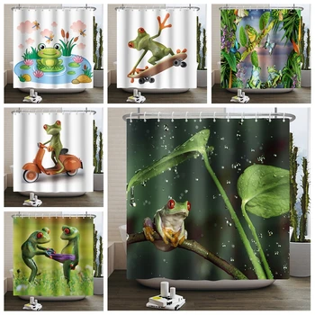 Kurbağa Duş Perdesi Komik Karikatür Hayvan Bambu Yeşil Banyo Perdeleri Yaratıcı Küvet Ekran Su Geçirmez Kumaş 3D Banyo Dekor