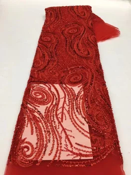 Kırmızı Afrika Boncuklu Dantel Kumaş 2022 Gelin Dantel Kumaşlar İşlemeli Lüks Fransız Dizisi Dantel Kumaş düğün elbisesi