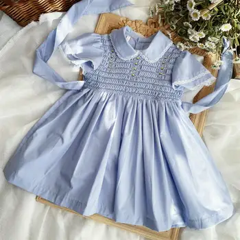 Kızlar için Önlük Vintage Elbise Bebek El Yapımı Önlük Elbise Kız Çocuk Peter Pan Yaka Frocks Bebek Butik Vestidos