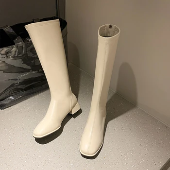 Kış kadın Yüksek Çizmeler 4 cm Kare Topuklu Pompalar Batı Uyluk Uzun Çizmeler Kadın Fermuar Moda Büyük Büyük Boy 42 43