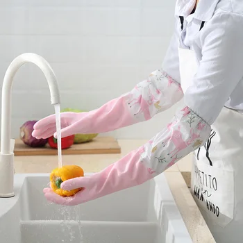 Kış Mutfak Kalınlaşmış Cilt Bakımı Temizlik Ev Eldivenleri Polar Genişletilmiş Bulaşık Yıkama Çamaşır Kauçuk Su Geçirmez Eldiven