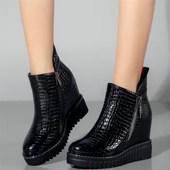 Kış Sıcak rahat ayakkabılar Kadın Hakiki Deri Platformu Takozlar Yüksek Topuk yarım çizmeler Kadın Yüksek Top Yuvarlak Ayak Moda Ayakkabı