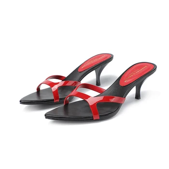 LANMENG Marka kadın ayakkabısı Yaz Moda Sığ Burnu açık Sandalet Patent Deri Sivri Seksi Yüksek Topuklu Flip-flop Large35-43
