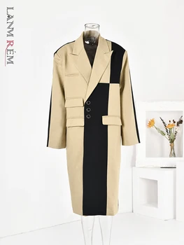 LANMREM High End Trençkot Kadın Patchwork Kontrast Renk Uzun Kollu Kadın moda giyim 2023 Sonbahar Yeni CPa1809