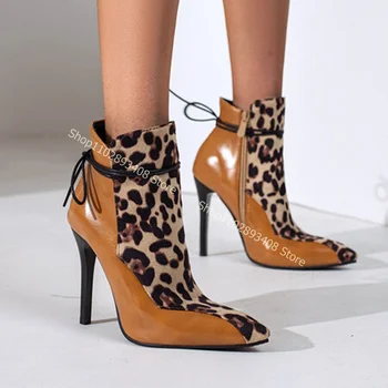 Leopar Baskı Ekleme Sivri Burun Çizmeler Yan Fermuar Çapraz Bant Stiletto Yüksek Topuklu Seksi parti ayakkabıları 2023 Zapatos Para Mujere