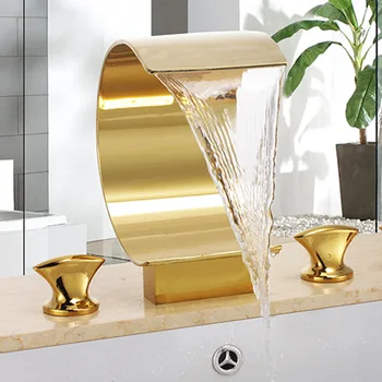 Lüks altın pirinç banyo lavabo musluğu şelale Altın musluk soğuk sıcak su çift kolu üç delik havza musluk En kaliteli