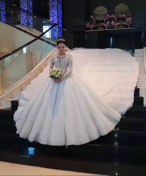 Lüks Kristal Dantel düğün elbisesi 2023 Dubai Arapça Illusion Boyun Uzun Kollu Pullu gelin kıyafeti Vestidos Noiva Robe De Mariage